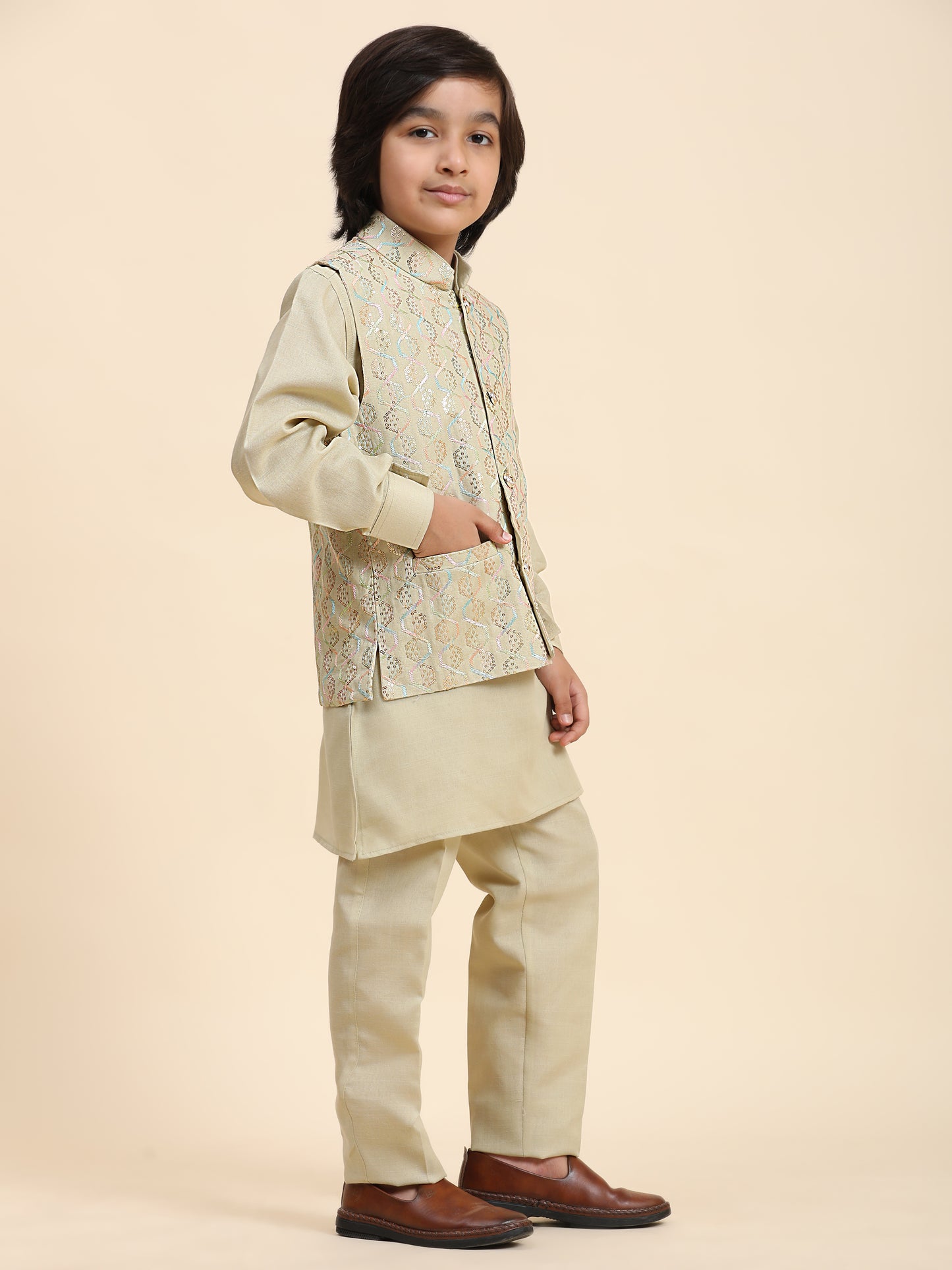 Pro-Ethic Style Developer Boys Cotton Kurta Pajama with Waistcoat for Kid's Ethnic Wear (S-242) Fon