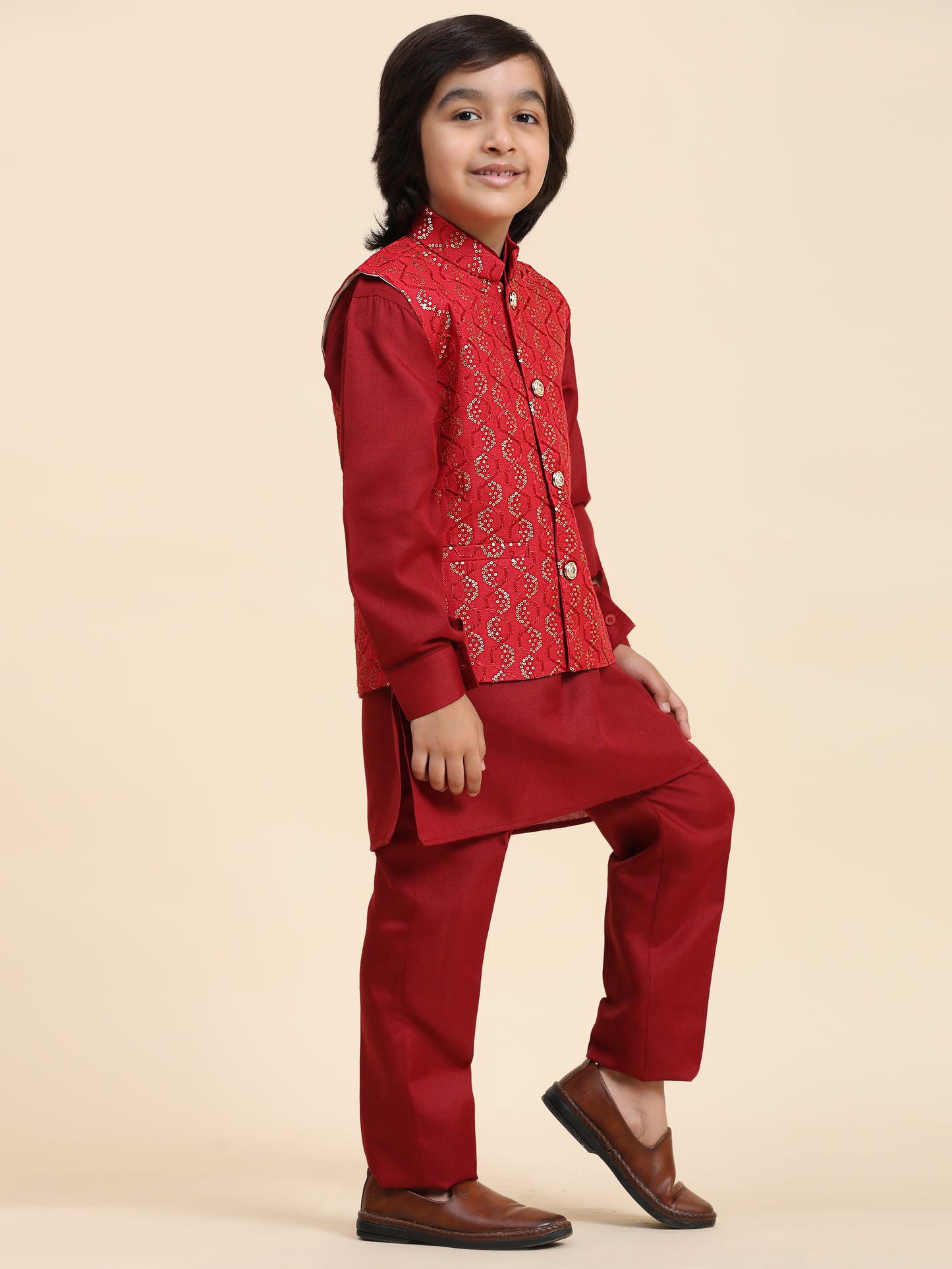 Pro-Ethic Style Developer Boys Cotton Kurta Pajama with Waistcoat for Kid's Ethnic Wear (S-242) Maroon