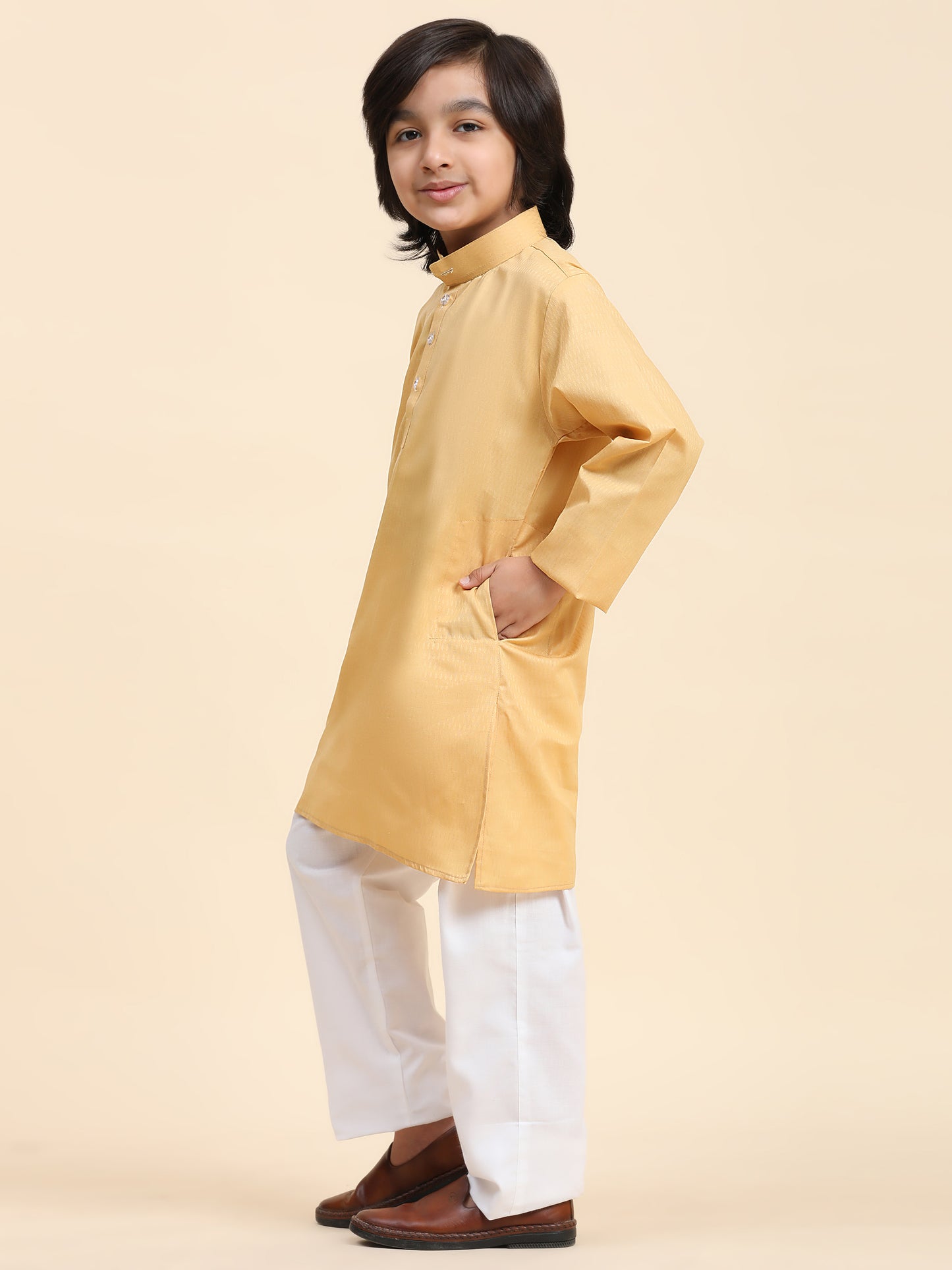 Pro-Ethic Style Developer Boy's Cotton Self Design Kurta Pyjama for Kids Ethnic Wear (S-241) Beige