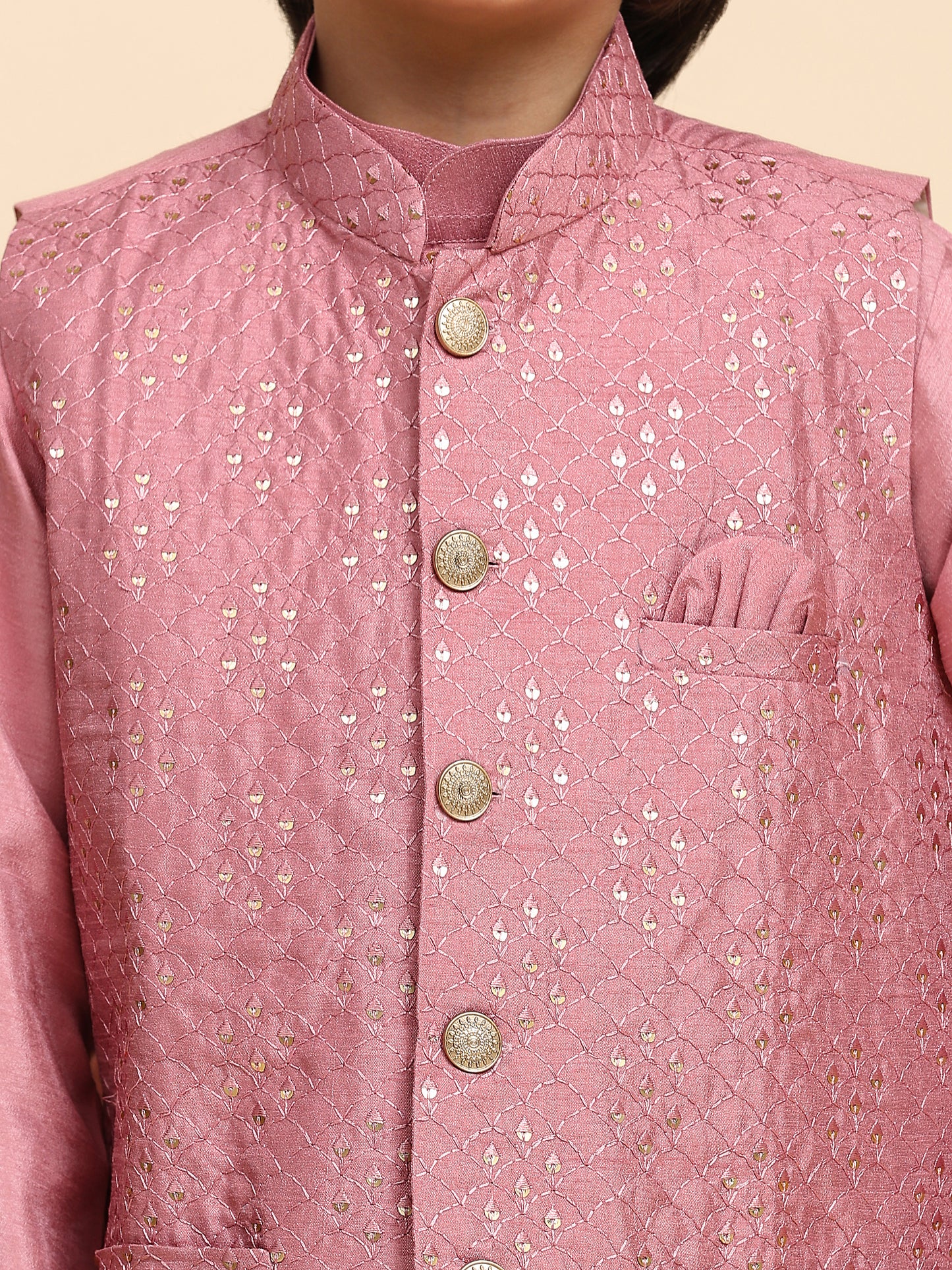 Pro-Ethic Style Developer Pink Kurta Pajama for Kids Boys with Waistcoat | Silk | Floral | Traditional Dress (S-240)