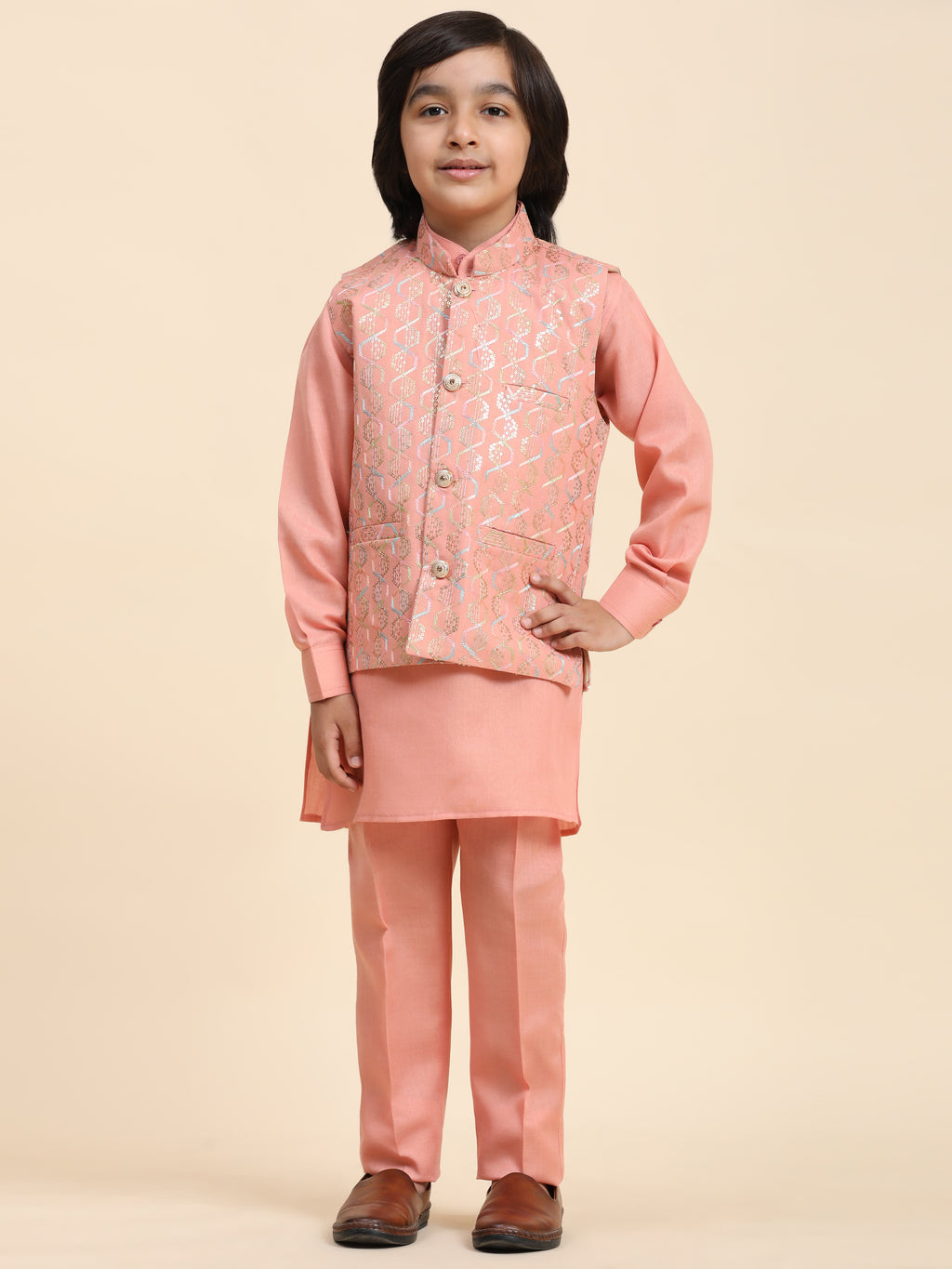 Pro-Ethic Style Developer Boys Cotton Kurta Pajama with Waistcoat for Kid's Ethnic Wear (S-242) Pink