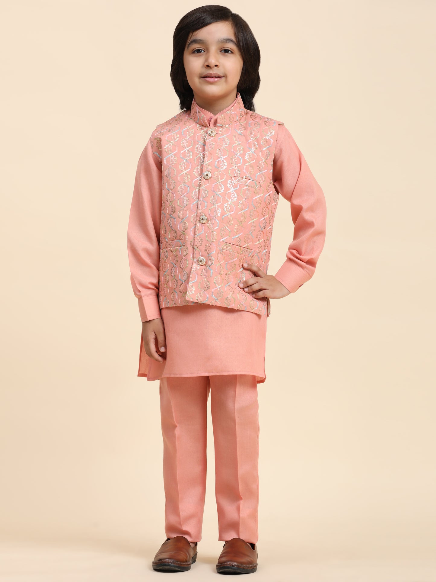 Pro-Ethic Style Developer Boys Cotton Kurta Pajama with Waistcoat for Kid's Ethnic Wear (S-242) Pink