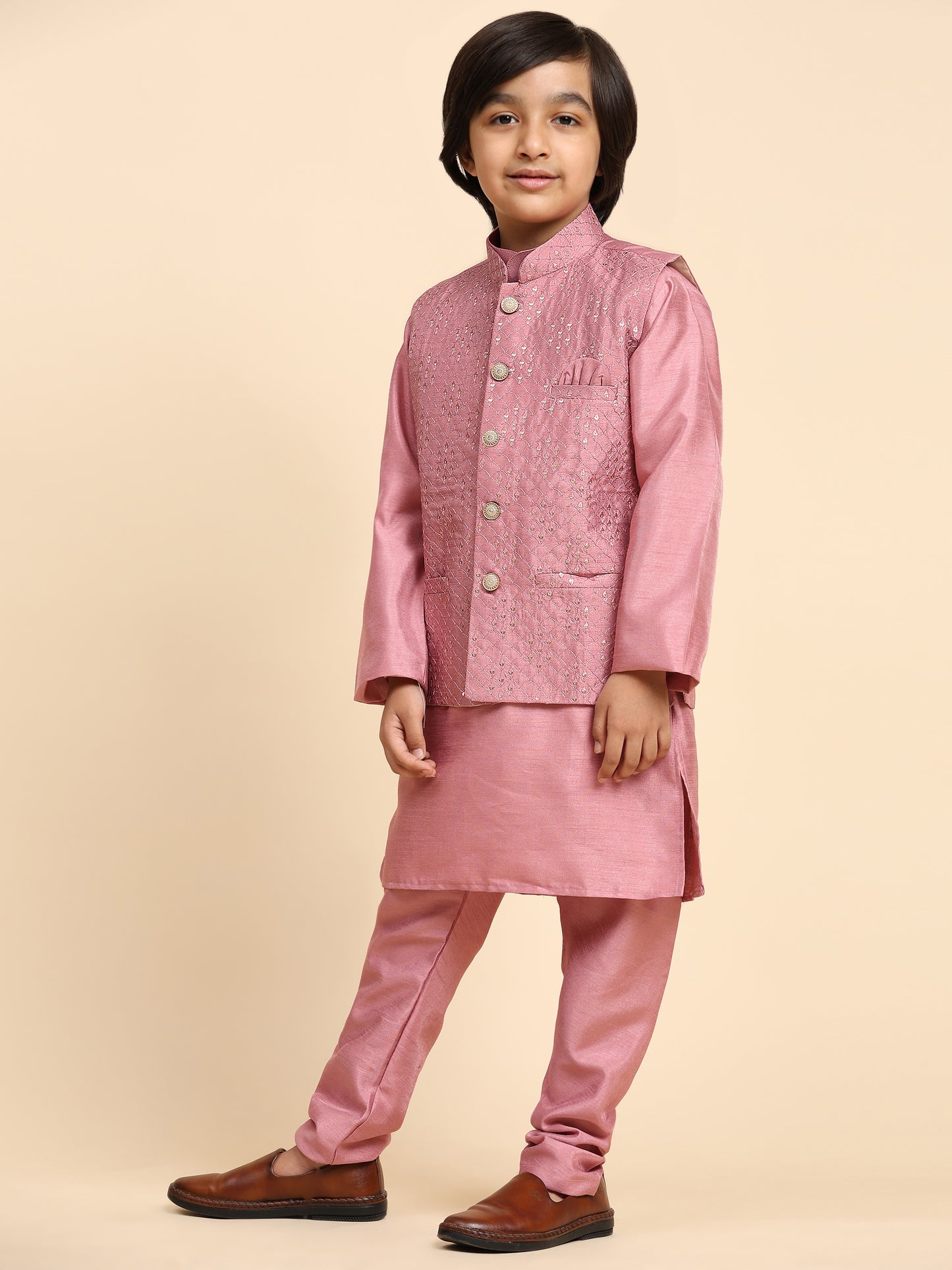 Pro-Ethic Style Developer Pink Kurta Pajama for Kids Boys with Waistcoat | Silk | Floral | Traditional Dress (S-240)