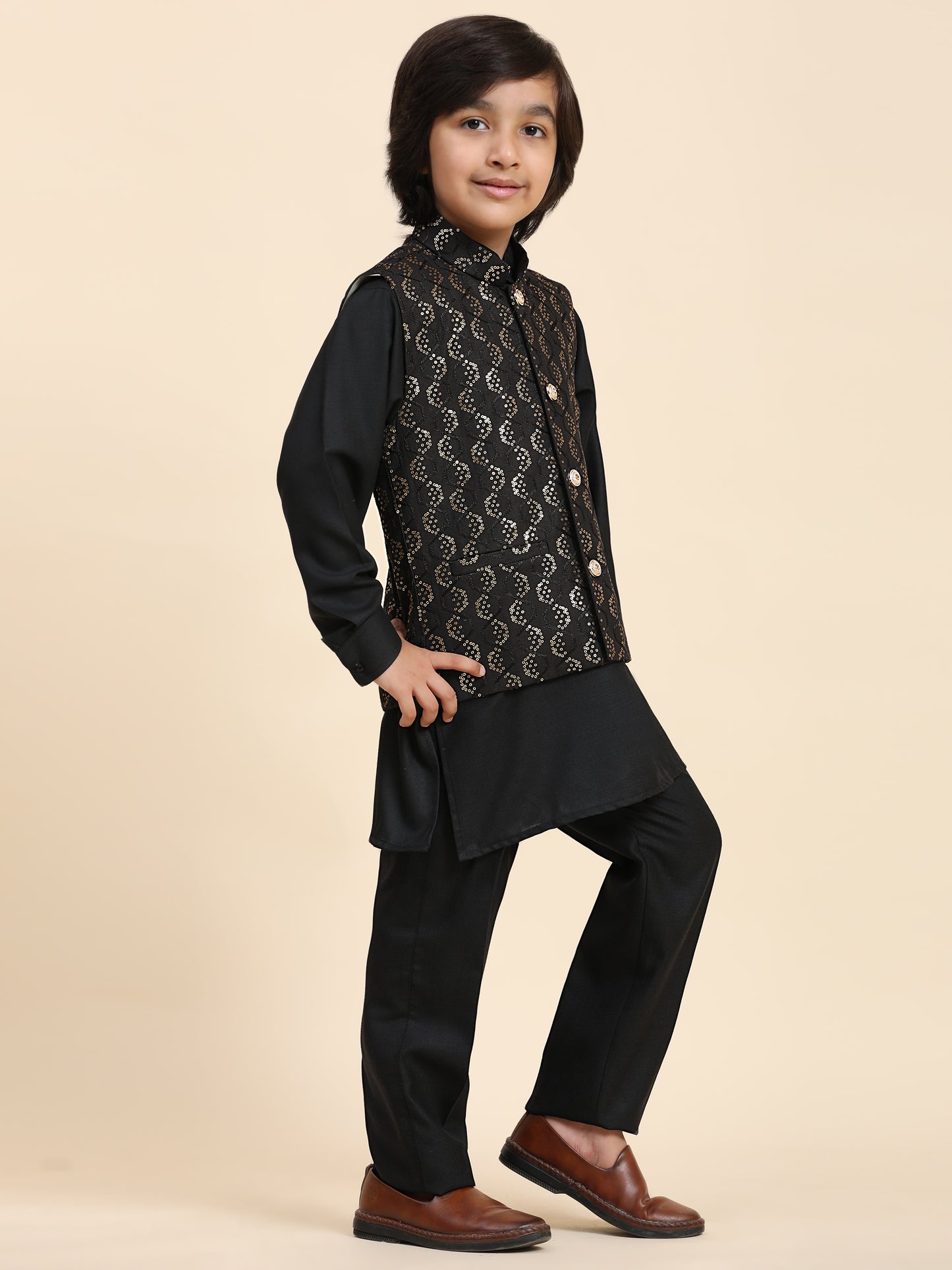 Pro-Ethic Style Developer Boys Cotton Kurta Pajama with Waistcoat for Kid's Ethnic Wear (S-242) Black