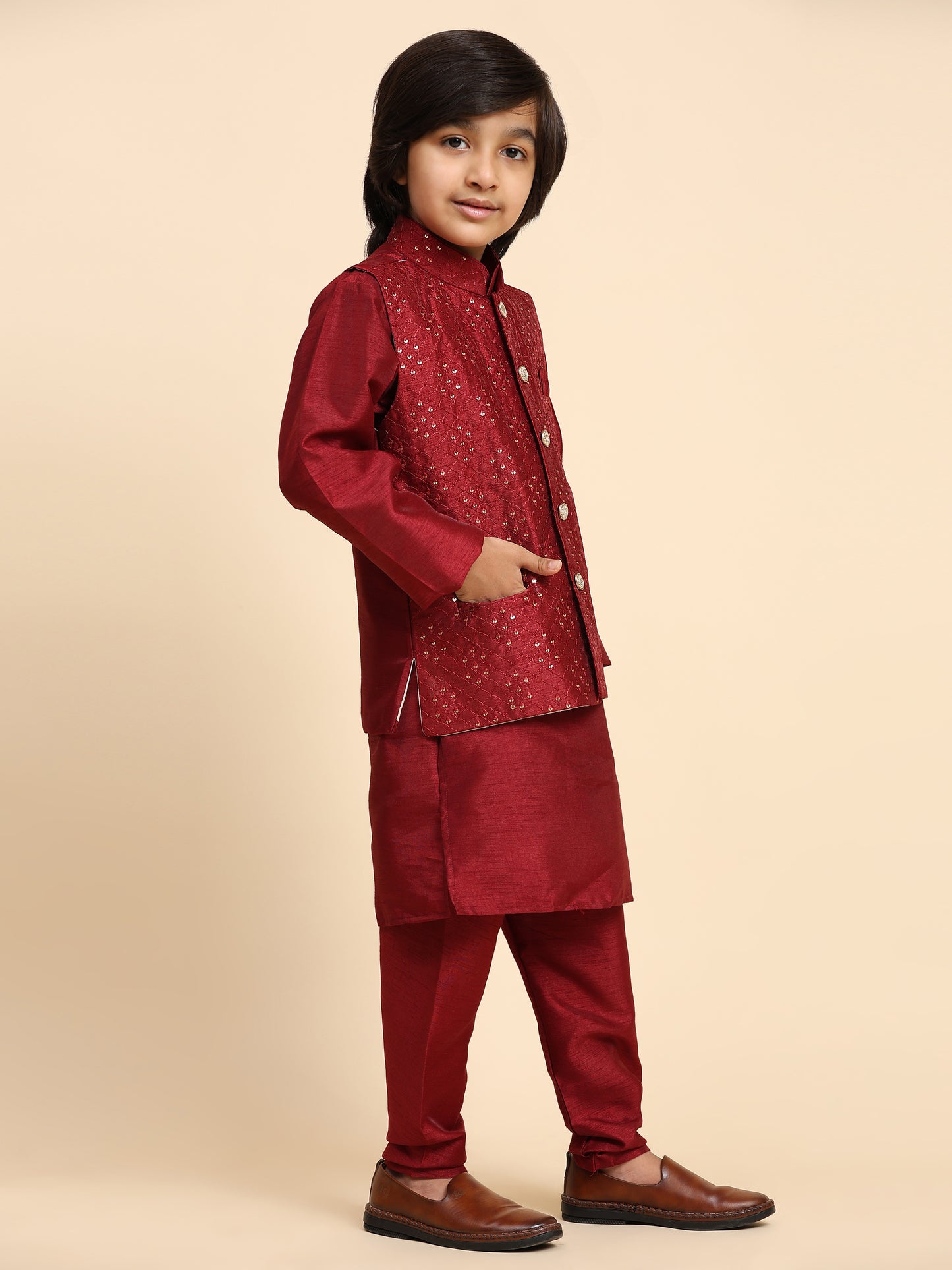 Pro-Ethic Style Developer Kurta Pajama for Kids Boys with Waistcoat | Silk | Floral | Traditional Dress (S-240)