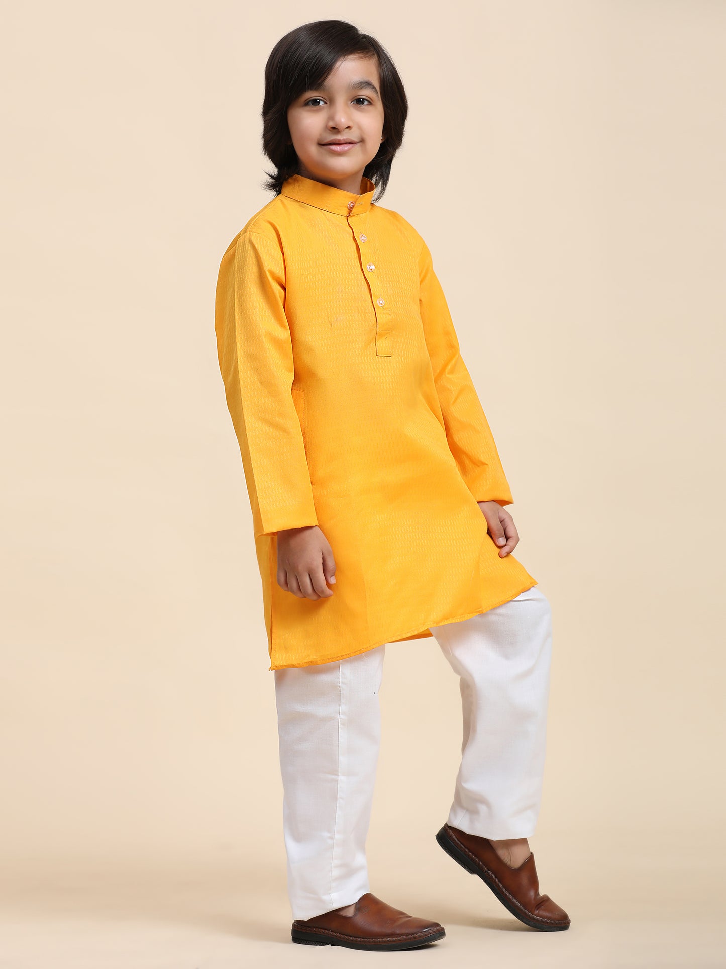 Pro-Ethic Style Developer Yellow Boy's Cotton Self Design Kurta Pyjama for Kids Ethnic Wear (S-241)