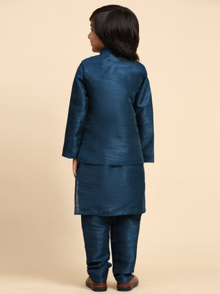 Pro-Ethic Style Developer Navy Blue Kurta Pajama for Kids Boys with Waistcoat | Silk | Floral | Traditional Dress (S-240)