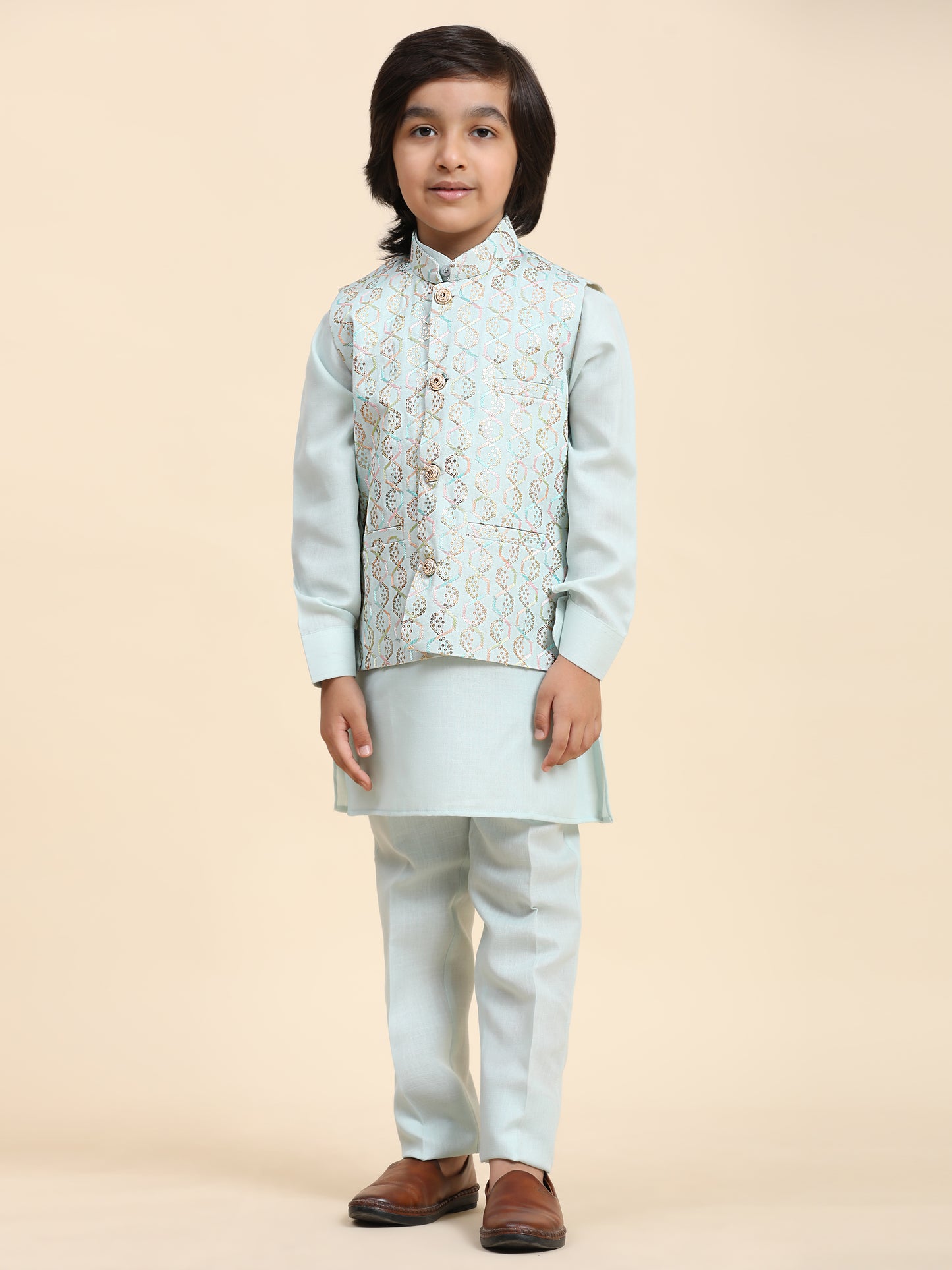 Pro-Ethic Style Developer Boys Cotton Kurta Pajama with Waistcoat for Kid's Ethnic Wear (S-242) Light Blue