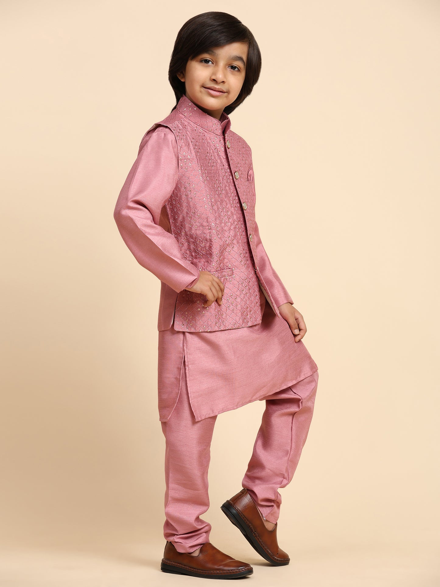 Pro-Ethic Style Developer Pink Kurta Pajama for Kids Boys with Waistcoat | Silk | Floral | Traditional Dress (S-240)