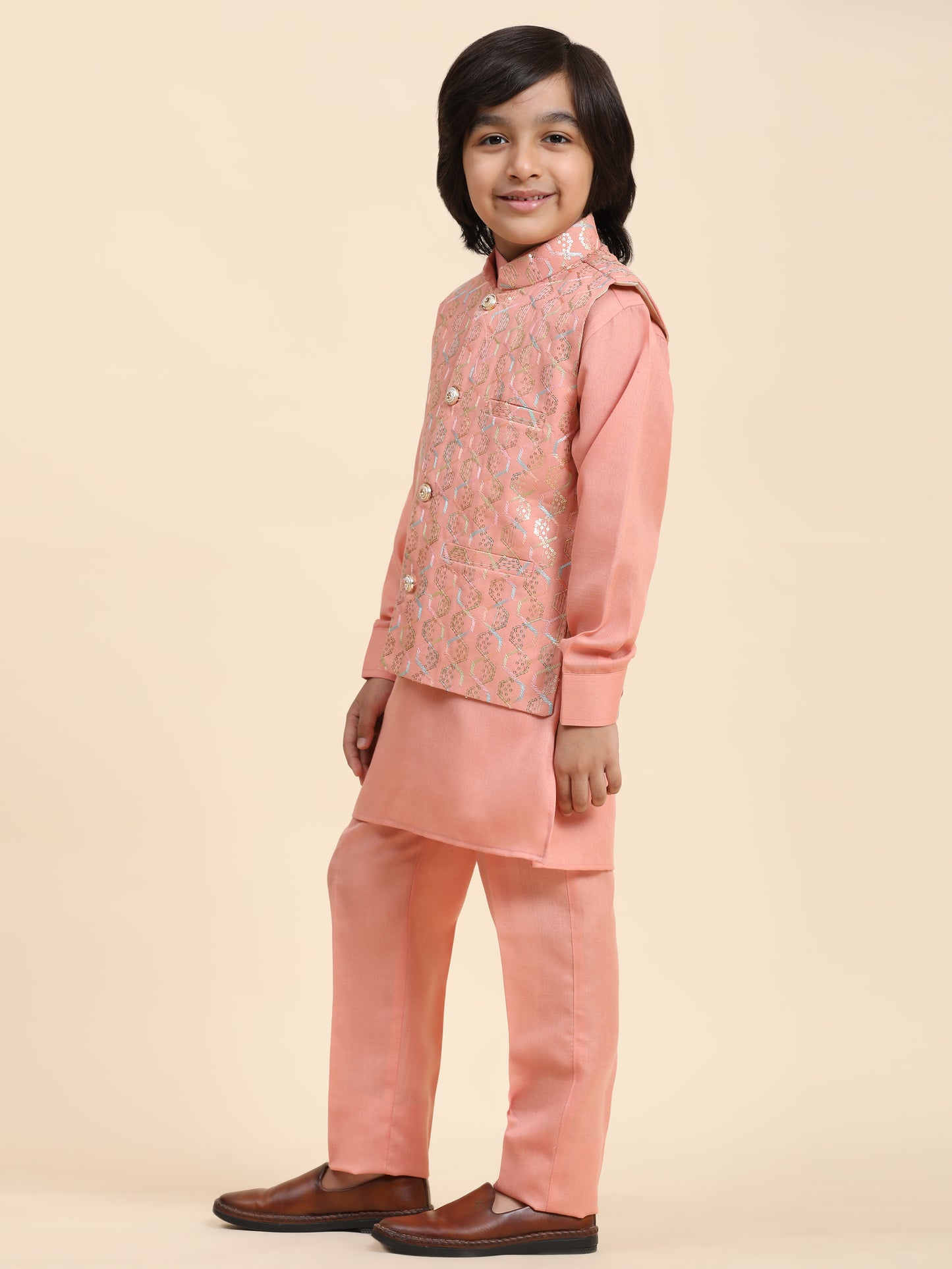 Pro-Ethic Style Developer Boys Cotton Kurta Pajama with Waistcoat for Kid's Ethnic Wear (S-242) Pink