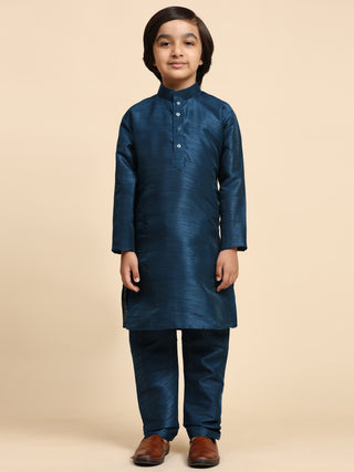 Pro-Ethic Style Developer Navy Blue Kurta Pajama for Kids Boys with Waistcoat | Silk | Floral | Traditional Dress (S-240)