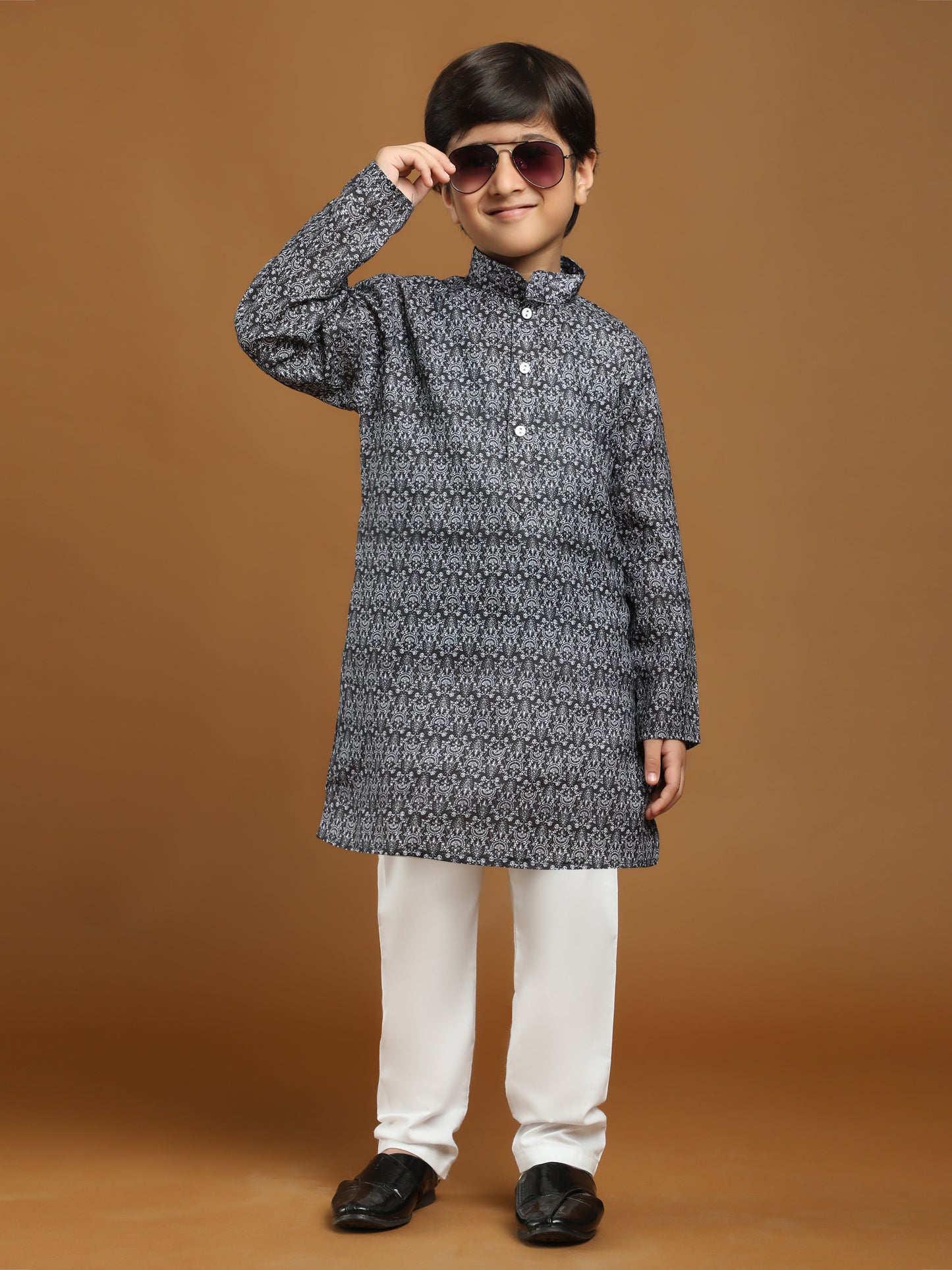 Pro-Ethic Style Developer Boys Cotton Kurta Pajama for Kid's Floral Traditiona Dress (Black)