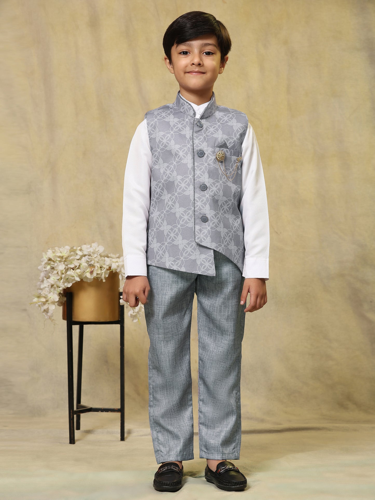 Pro-Ethic Style Developer Boy's 3 Piece Suit Set Cotton Jacquard Pattern with Floral Design (T-137) Grey