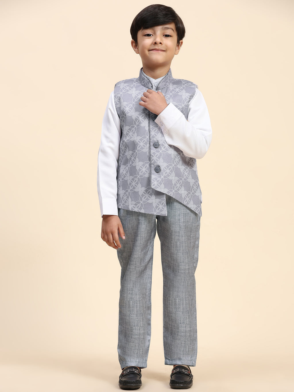 Pro-Ethic Style Developer Boy's 3 Piece Suit Set Cotton Jacquard Pattern with Floral Design (T-137) Grey