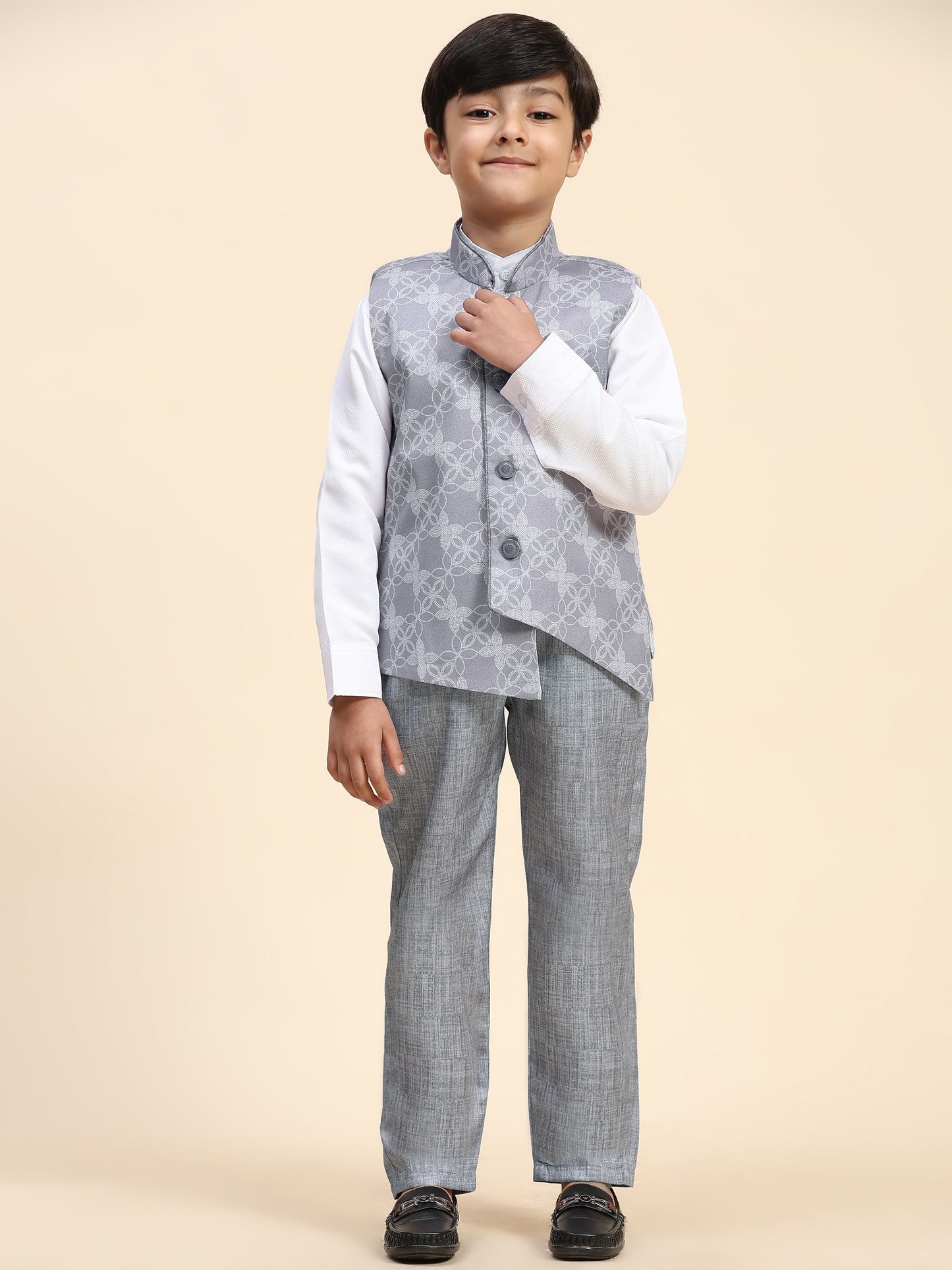 Pro-Ethic Style Developer Boy's 3 Piece Suit Set Cotton Jacquard Pattern with Floral Design (T-137) Grey