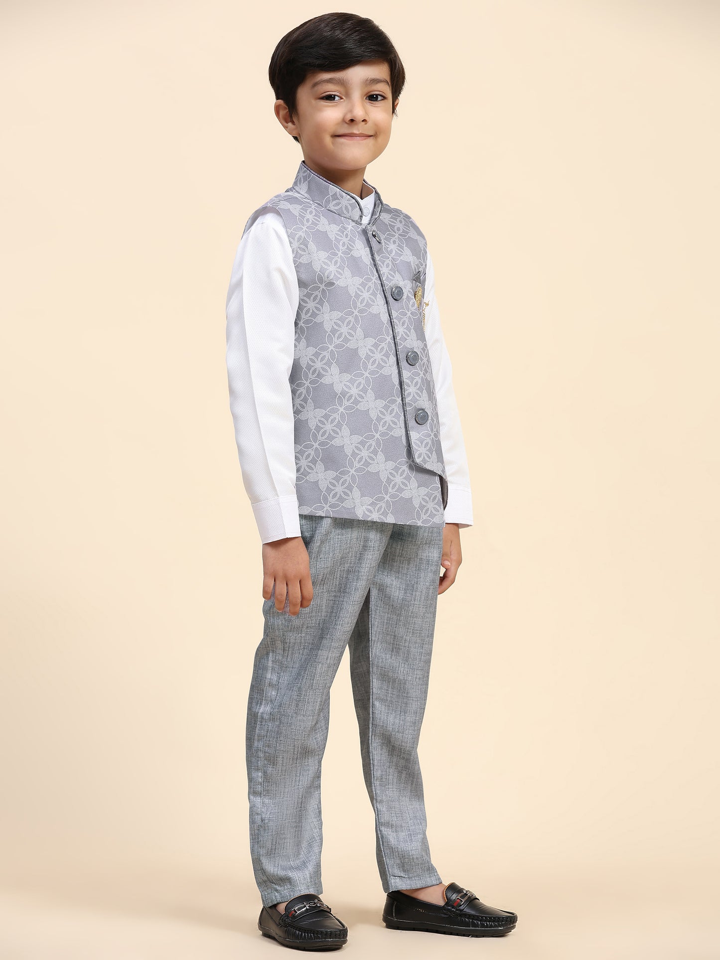 Pro-Ethic Style Developer Boy's 3 Piece Suit Set Cotton Jacquard Pattern with Floral Design (T-137) Grey