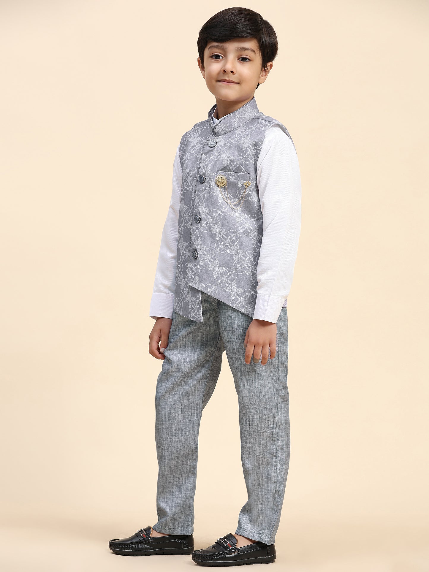 Pro-Ethic Style Developer Boy's 3 Piece Suit Set Cotton Jacquard Pattern with Floral Design (T-137) Grey