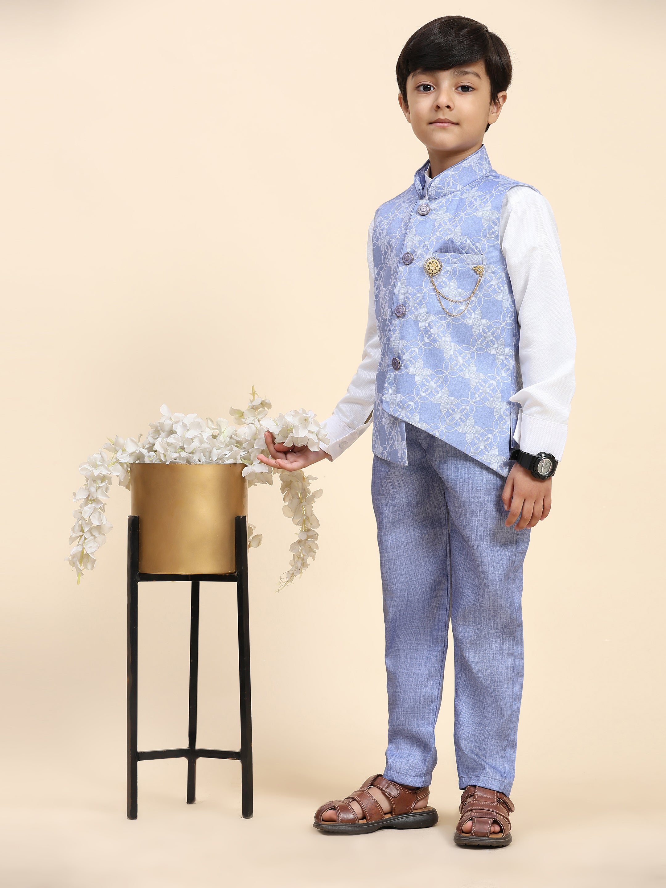 Pro-Ethic Style Developer Boy's 3 Piece Suit Set Cotton Jacquard Pattern with Floral Design (T-137) Blue