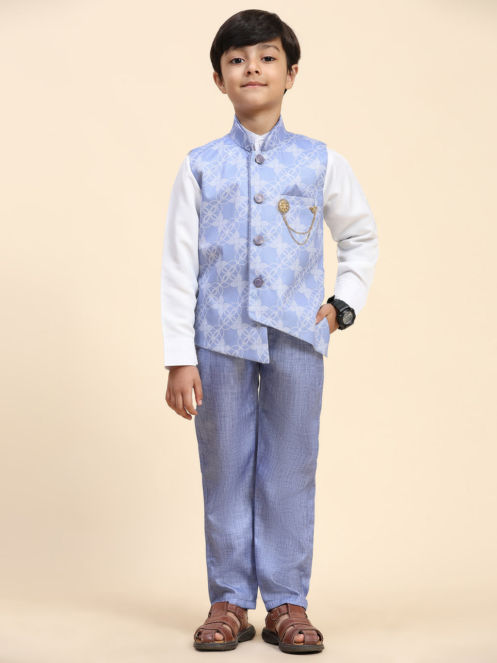 Pro-Ethic Style Developer Boy's 3 Piece Suit Set Cotton Jacquard Pattern with Floral Design (T-137) Blue