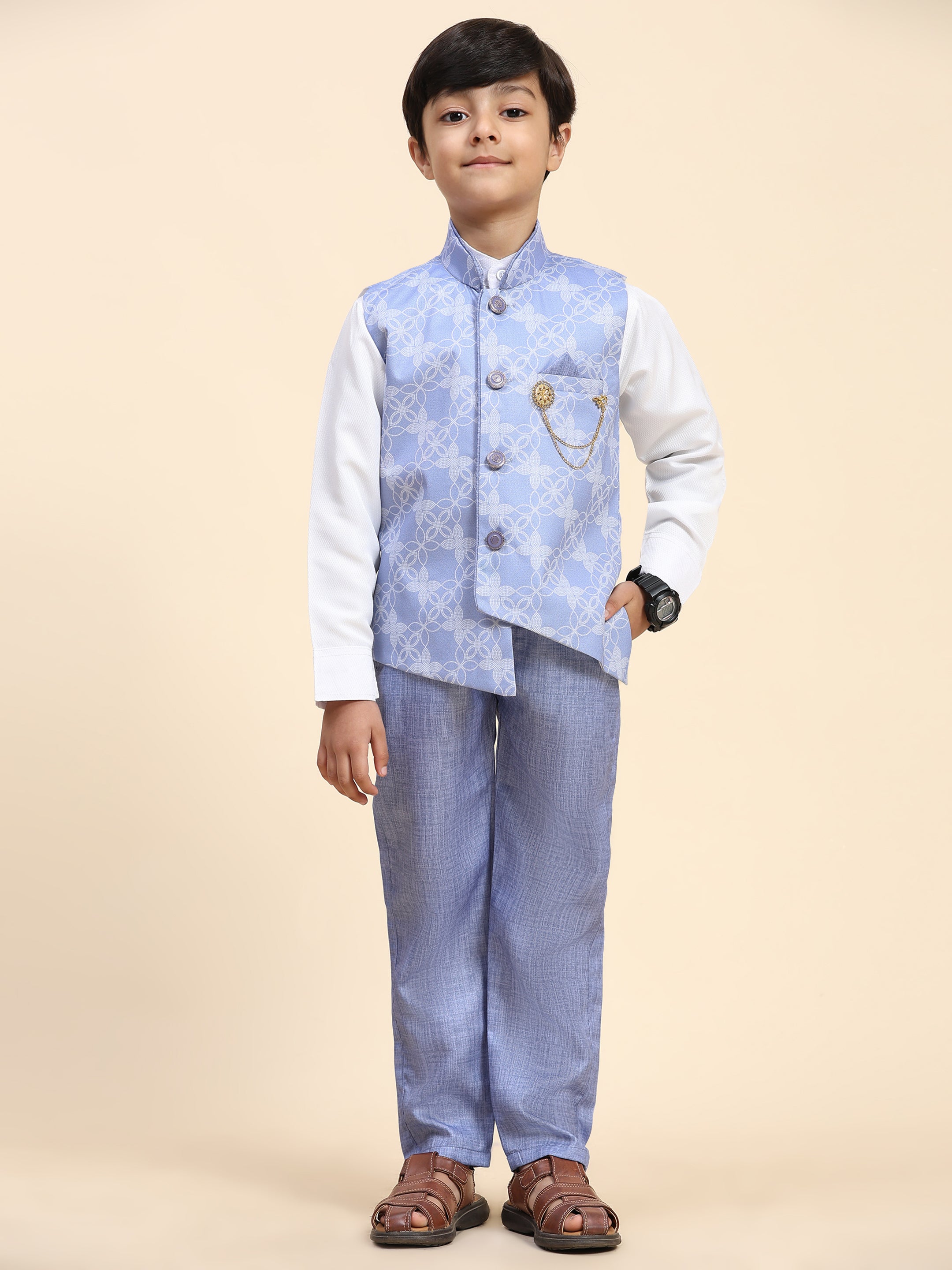 Pro-Ethic Style Developer Boy's 3 Piece Suit Set Cotton Jacquard Pattern with Floral Design (T-137) Blue