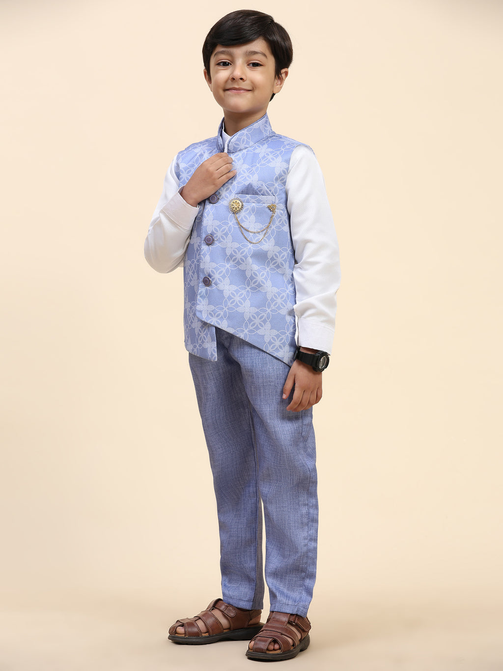 Pro-Ethic Style Developer Boy's 3 Piece Suit Set Cotton Jacquard Pattern with Floral Design (T-137) Blue