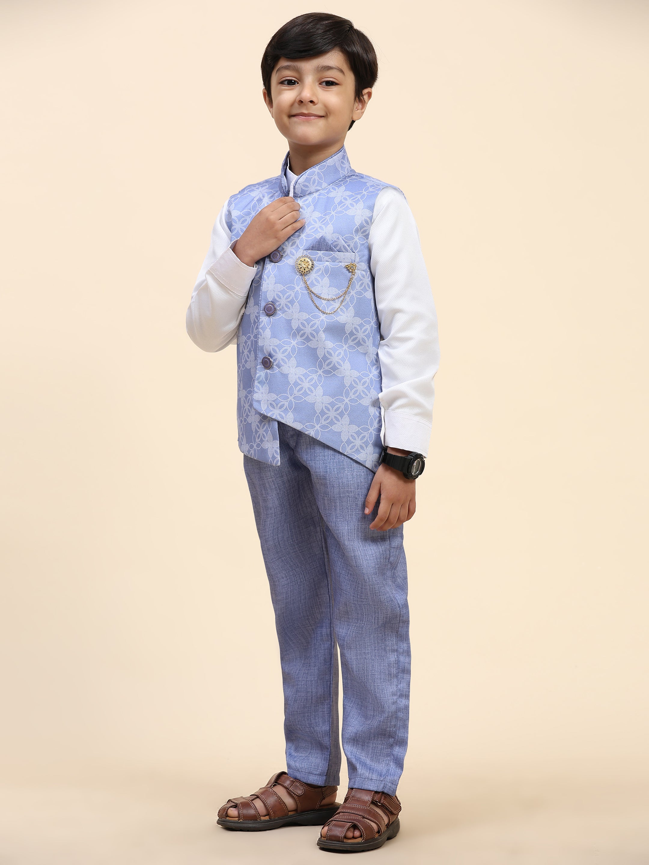 Pro-Ethic Style Developer Boy's 3 Piece Suit Set Cotton Jacquard Pattern with Floral Design (T-137) Blue
