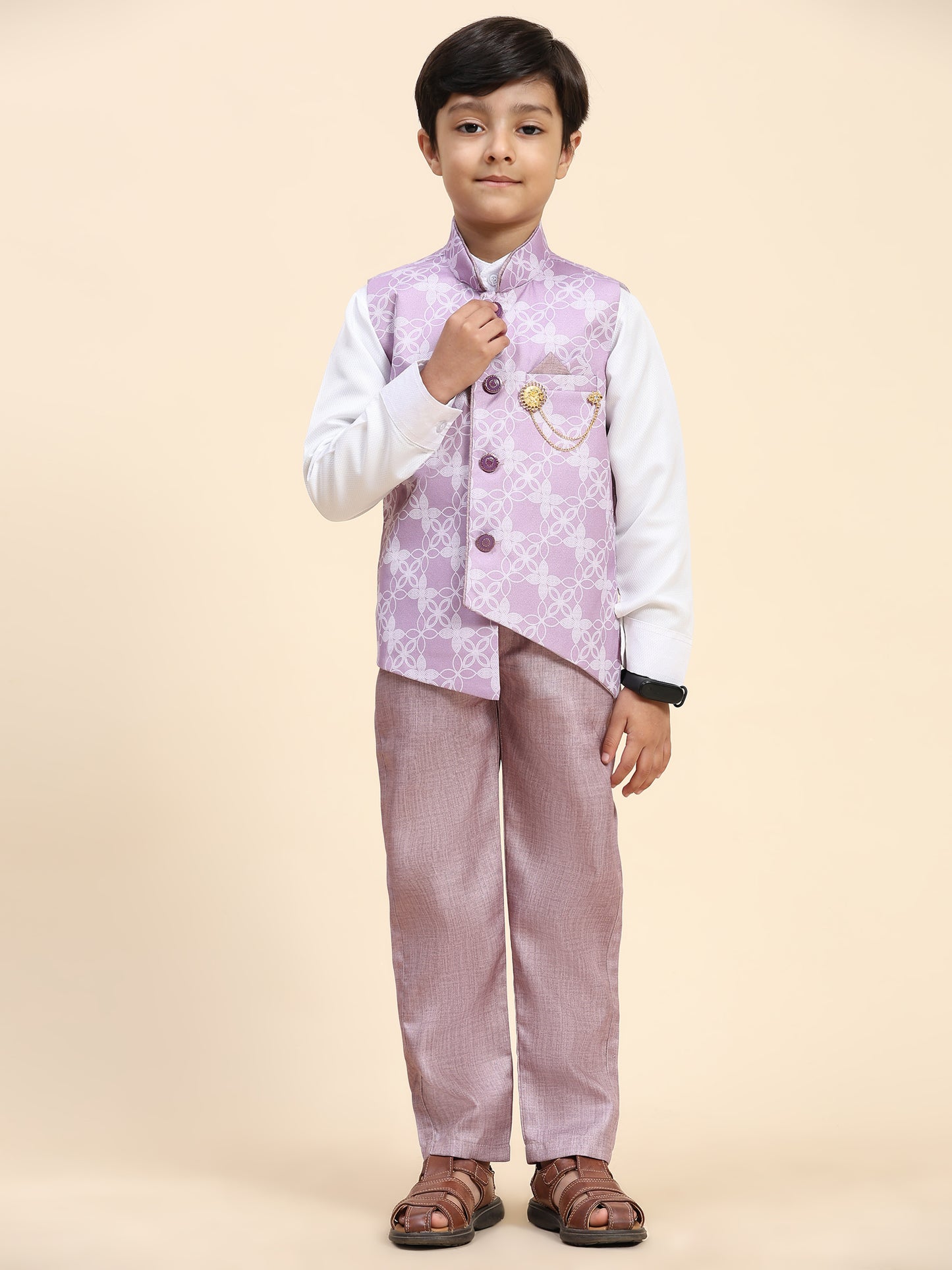 Pro-Ethic Style Developer Boy's 3 Piece Suit Set Cotton Jacquard Pattern with Floral Design (T-137) Pink