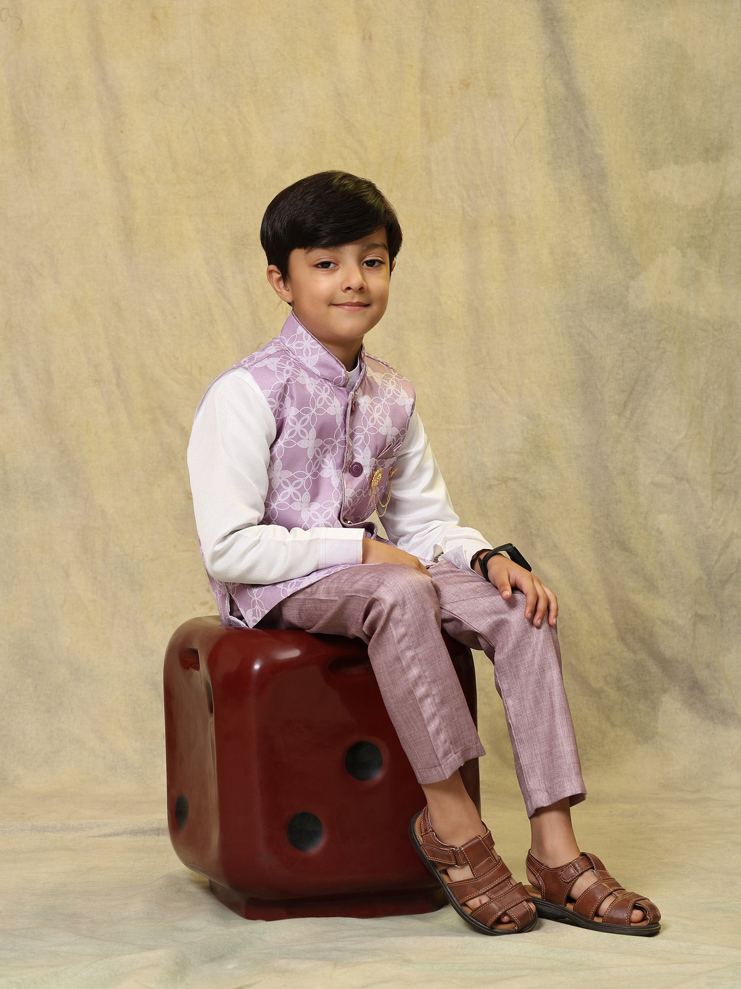 Pro-Ethic Style Developer Boy's 3 Piece Suit Set Cotton Jacquard Pattern with Floral Design (T-137) Pink