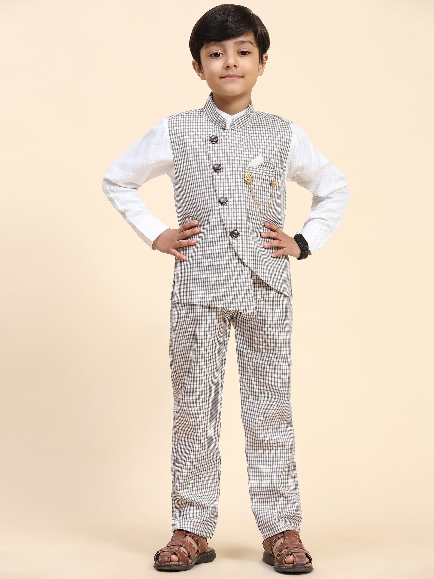 Pro-Ethic Style Developer Boy's 3 Piece Suit Set for Kids Cotton Checked Pattern (T-138) Brown