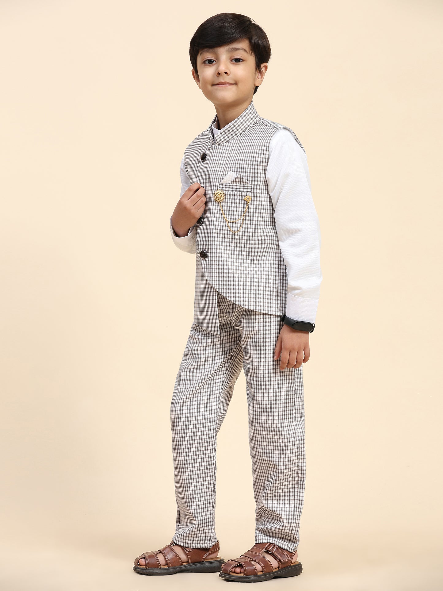 Pro-Ethic Style Developer Boy's 3 Piece Suit Set for Kids Cotton Checked Pattern (T-138) Brown