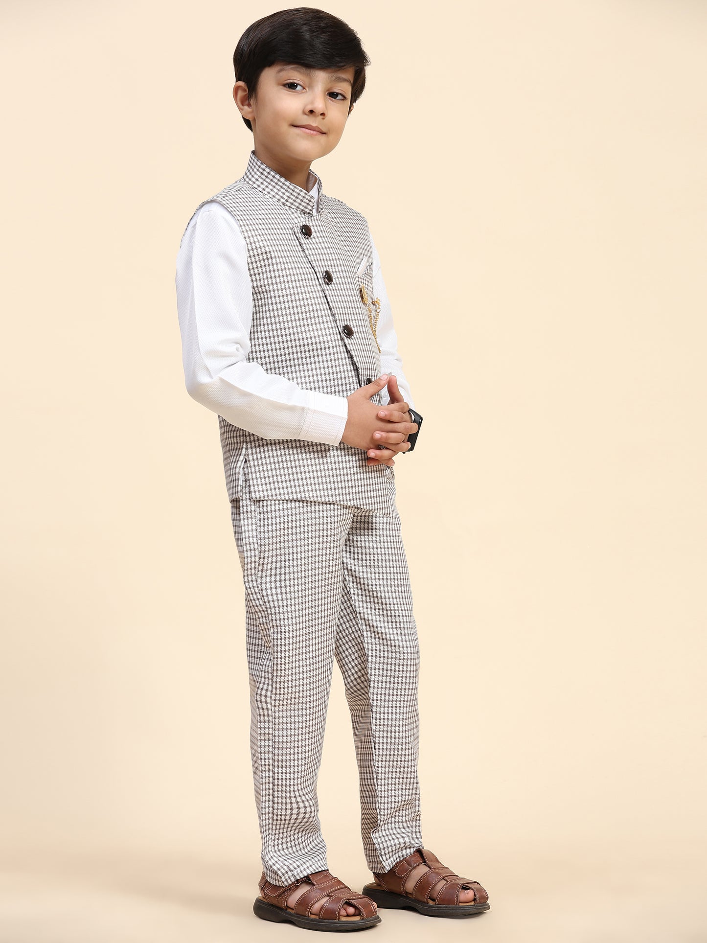 Pro-Ethic Style Developer Boy's 3 Piece Suit Set for Kids Cotton Checked Pattern (T-138) Brown