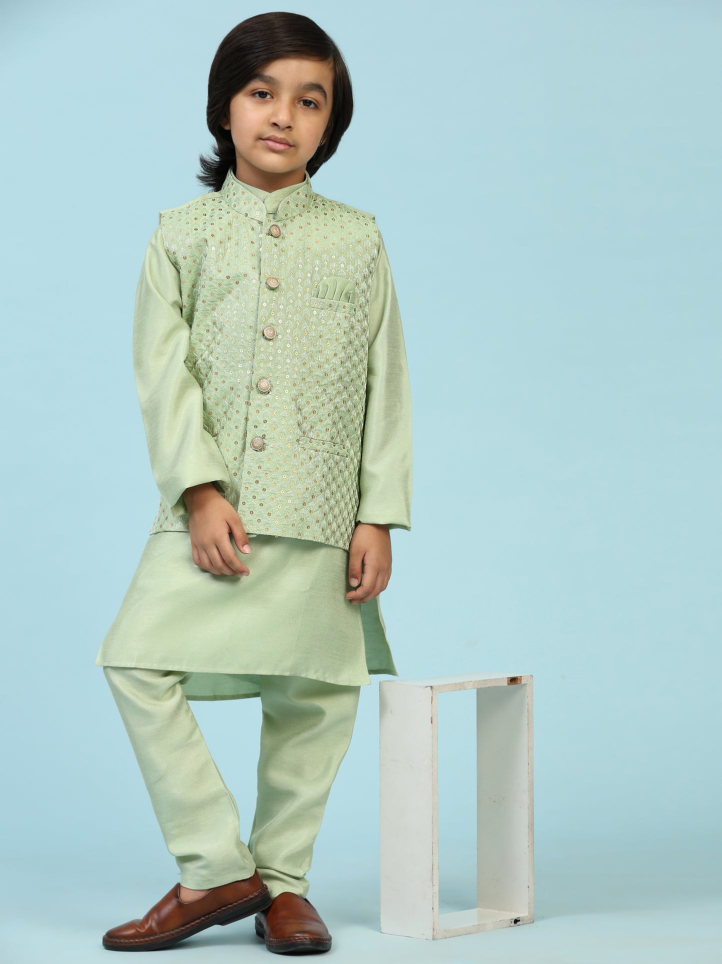 Pro-Ethic Style Developer Boys Silk Kurta Pajama with Waistcoat Pajama for Kid's Ethnic Wear | Jacquard Silk Kurta Pajama (S-232) Green