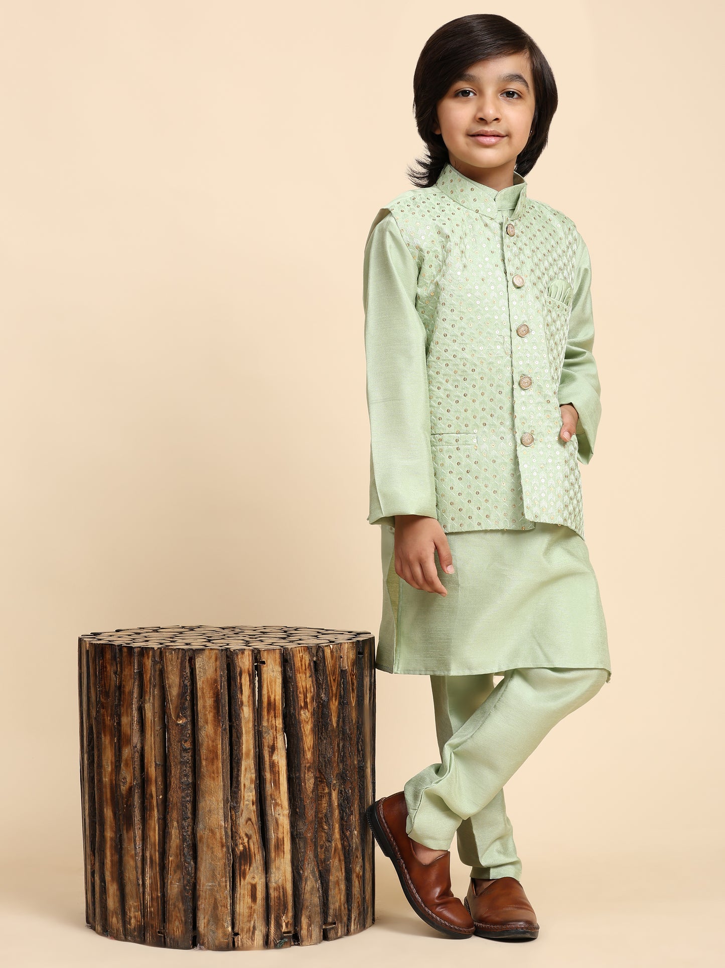 Pro-Ethic Style Developer Boys Silk Kurta Pajama with Waistcoat Pajama for Kid's Ethnic Wear | Jacquard Silk Kurta Pajama (S-232) Green