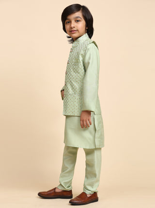 Pro-Ethic Style Developer Boys Silk Kurta Pajama with Waistcoat Pajama for Kid's Ethnic Wear | Jacquard Silk Kurta Pajama (S-232) Green