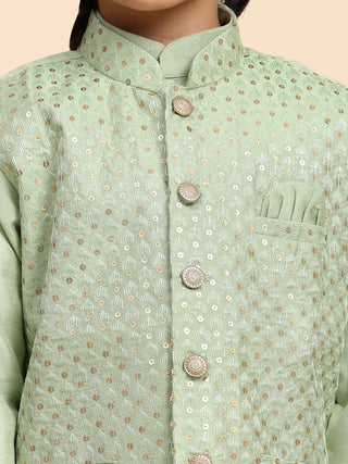 Pro-Ethic Style Developer Boys Silk Kurta Pajama with Waistcoat Pajama for Kid's Ethnic Wear | Jacquard Silk Kurta Pajama (S-232) Green