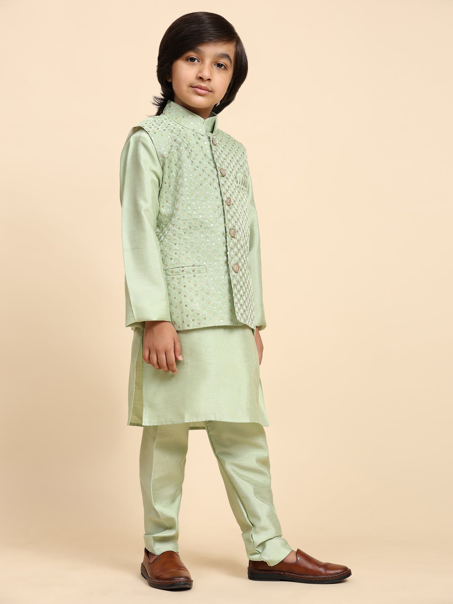 Pro-Ethic Style Developer Boys Silk Kurta Pajama with Waistcoat Pajama for Kid's Ethnic Wear | Jacquard Silk Kurta Pajama (S-232) Green