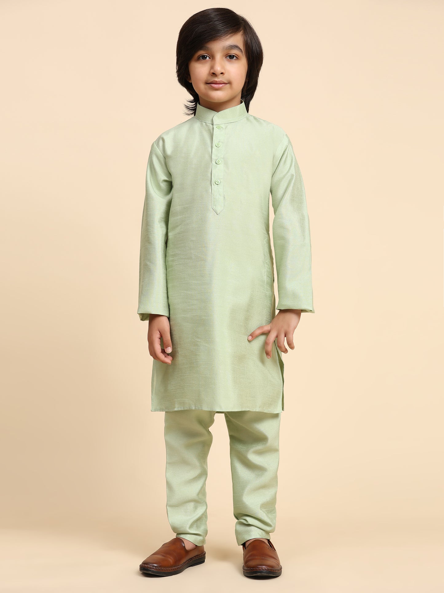 Pro-Ethic Style Developer Boys Silk Kurta Pajama with Waistcoat Pajama for Kid's Ethnic Wear | Jacquard Silk Kurta Pajama (S-232) Green