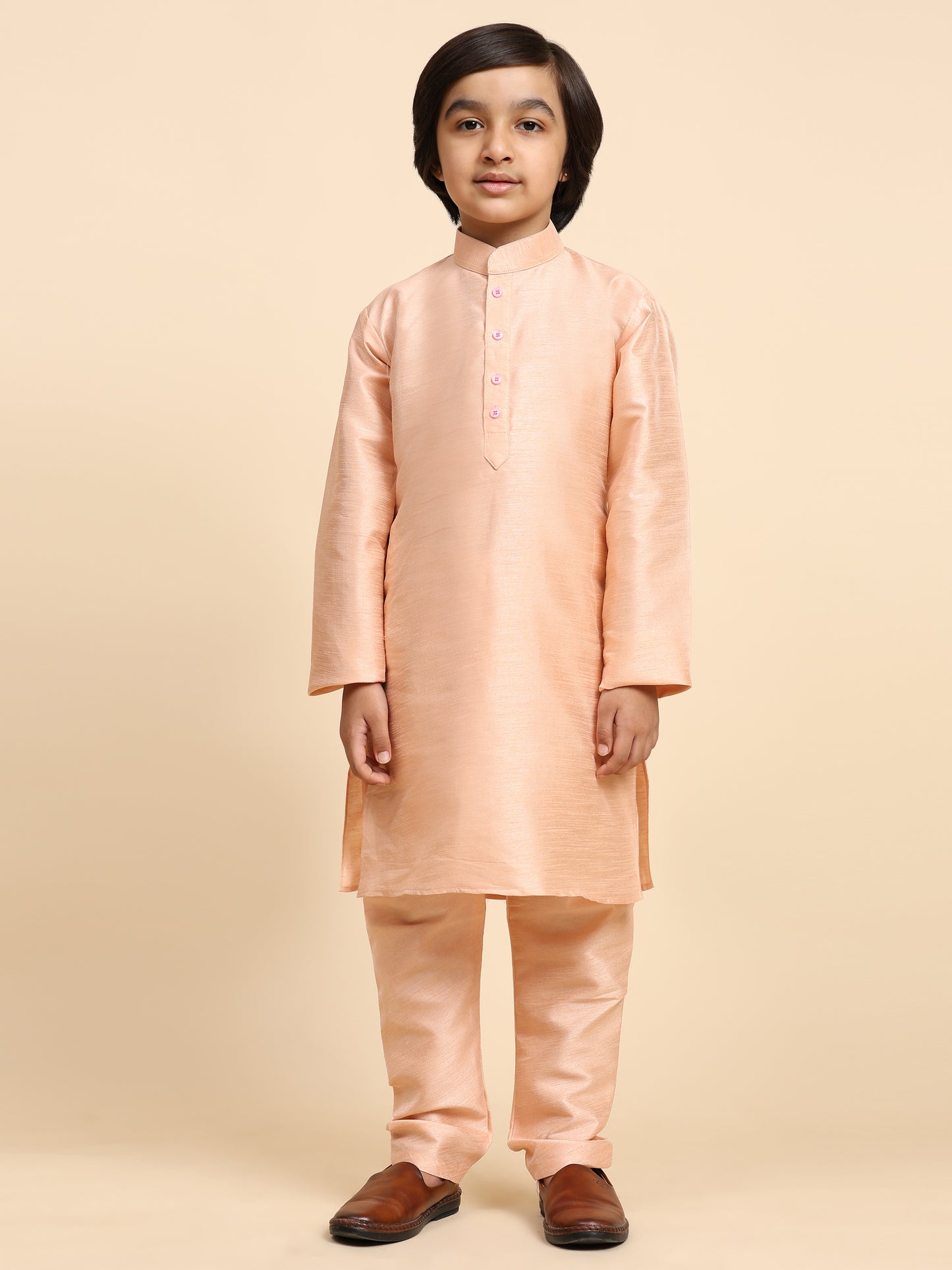 Pro-Ethic Style Developer Boys Silk Kurta Pajama with Waistcoat Pajama for Kid's Ethnic Wear | Jacquard Silk Kurta Pajama (S-232) Peach