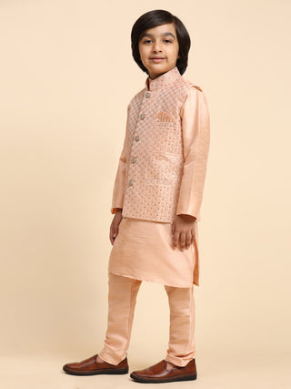 Pro-Ethic Style Developer Boys Silk Kurta Pajama with Waistcoat Pajama for Kid's Ethnic Wear | Jacquard Silk Kurta Pajama (S-232) Peach
