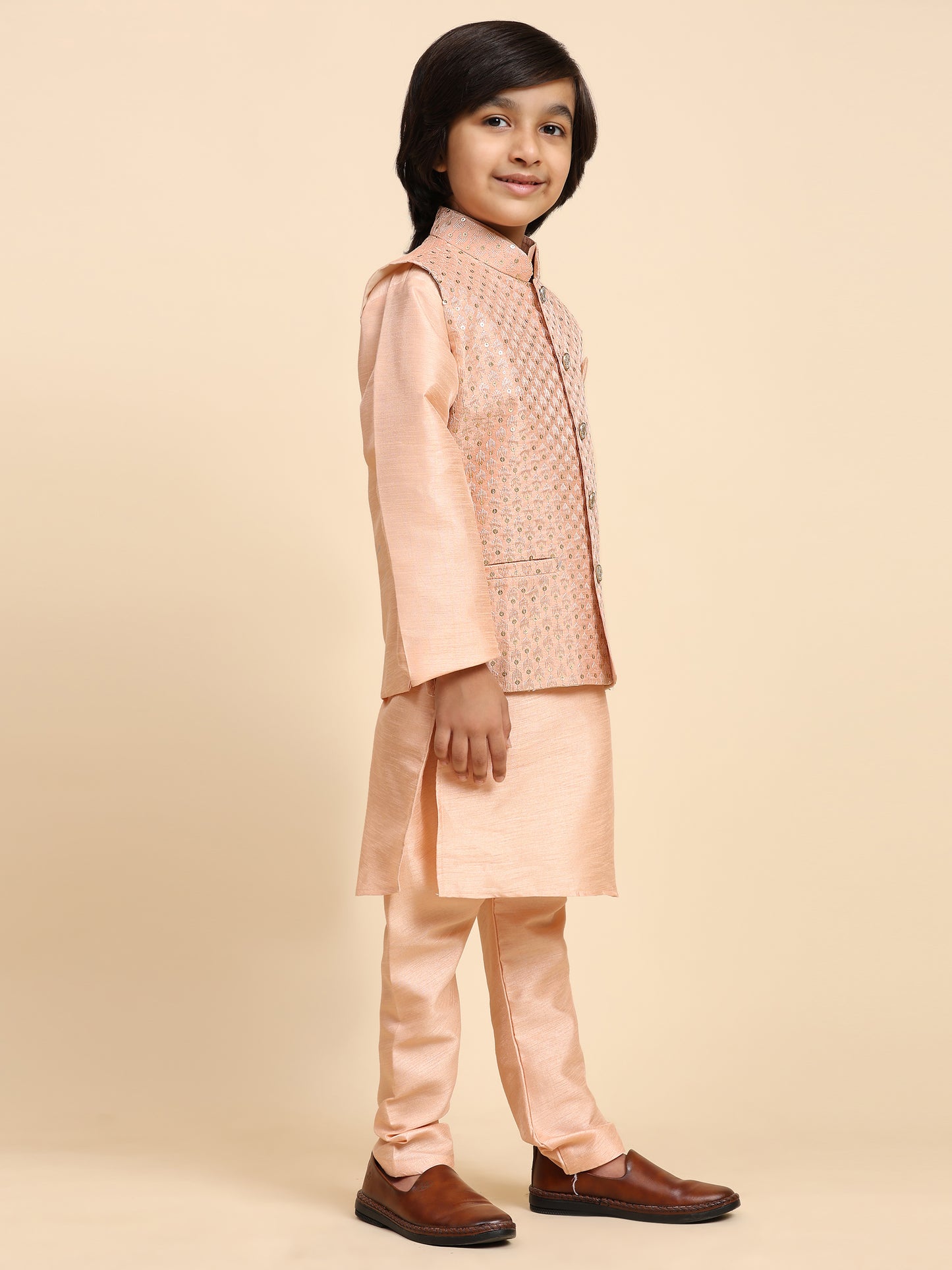 Pro-Ethic Style Developer Boys Silk Kurta Pajama with Waistcoat Pajama for Kid's Ethnic Wear | Jacquard Silk Kurta Pajama (S-232) Peach