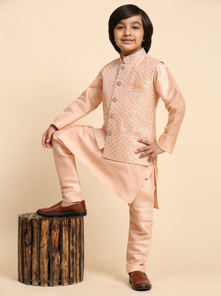 Pro-Ethic Style Developer Boys Silk Kurta Pajama with Waistcoat Pajama for Kid's Ethnic Wear | Jacquard Silk Kurta Pajama (S-232) Peach