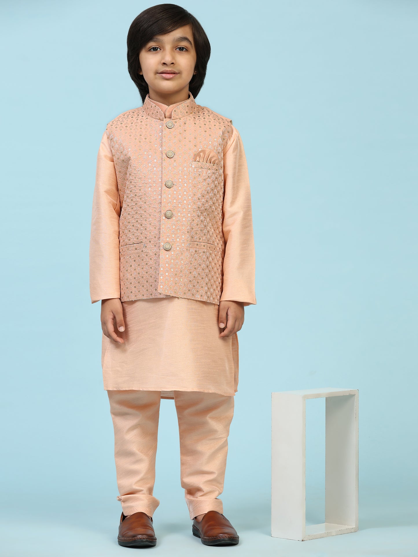 Pro-Ethic Style Developer Boys Silk Kurta Pajama with Waistcoat Pajama for Kid's Ethnic Wear | Jacquard Silk Kurta Pajama (S-232) Peach