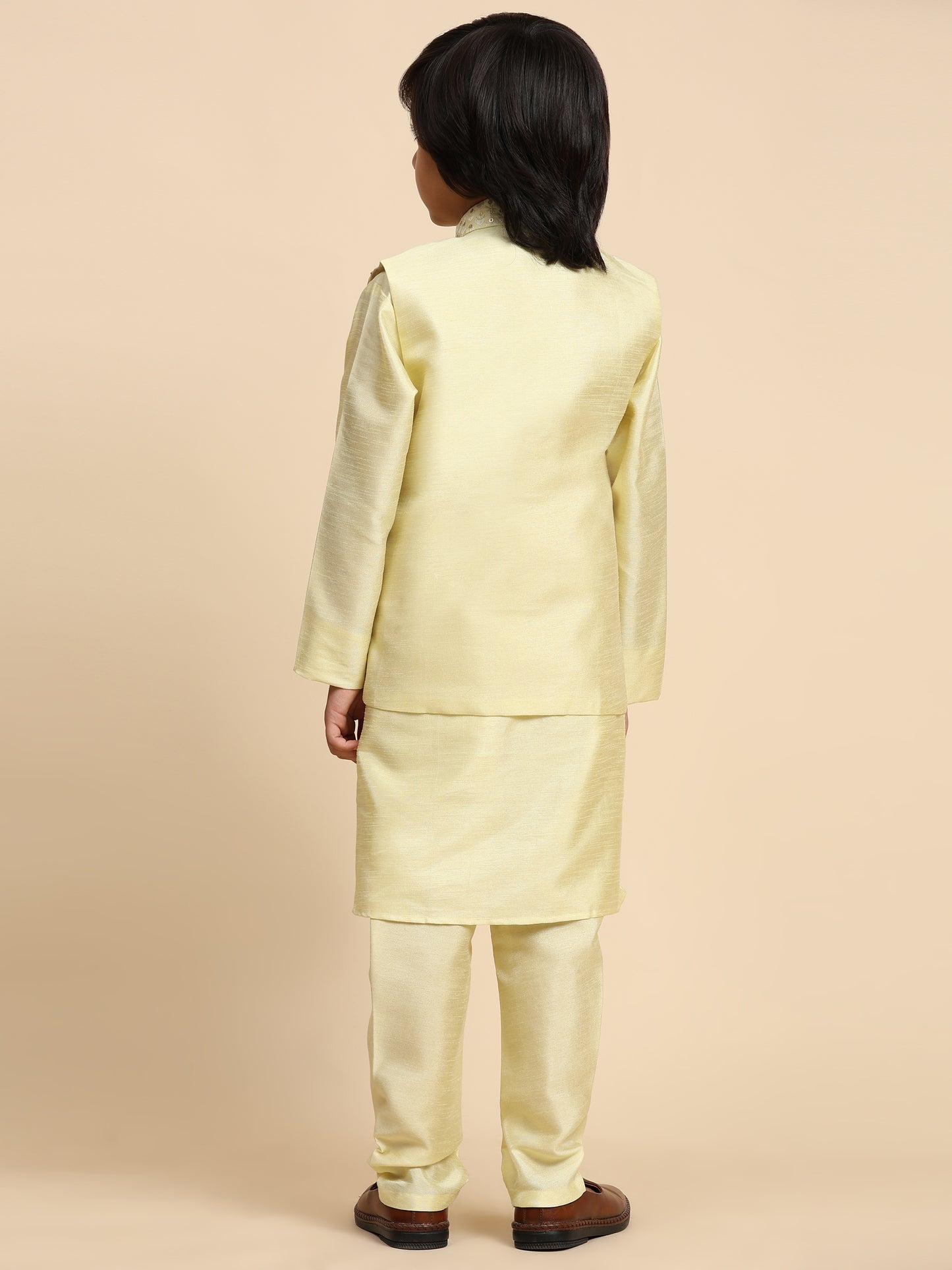 Pro-Ethic Style Developer Boys Silk Kurta Pajama with Waistcoat Pajama for Kid's Ethnic Wear | Jacquard Silk Kurta Pajama (S-232) Yellow