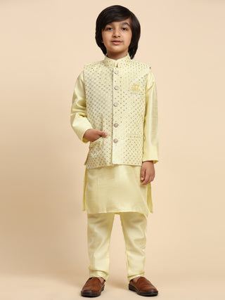Pro-Ethic Style Developer Boys Silk Kurta Pajama with Waistcoat Pajama for Kid's Ethnic Wear | Jacquard Silk Kurta Pajama (S-232) Yellow