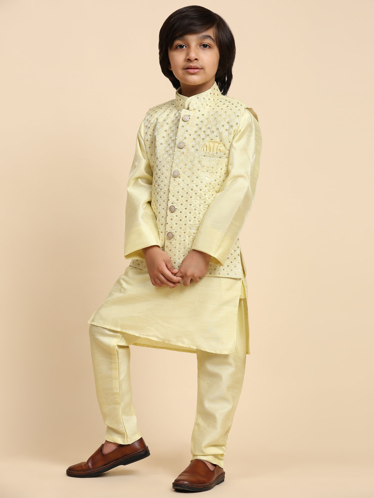 Pro-Ethic Style Developer Boys Silk Kurta Pajama with Waistcoat Pajama for Kid's Ethnic Wear | Jacquard Silk Kurta Pajama (S-232) Yellow