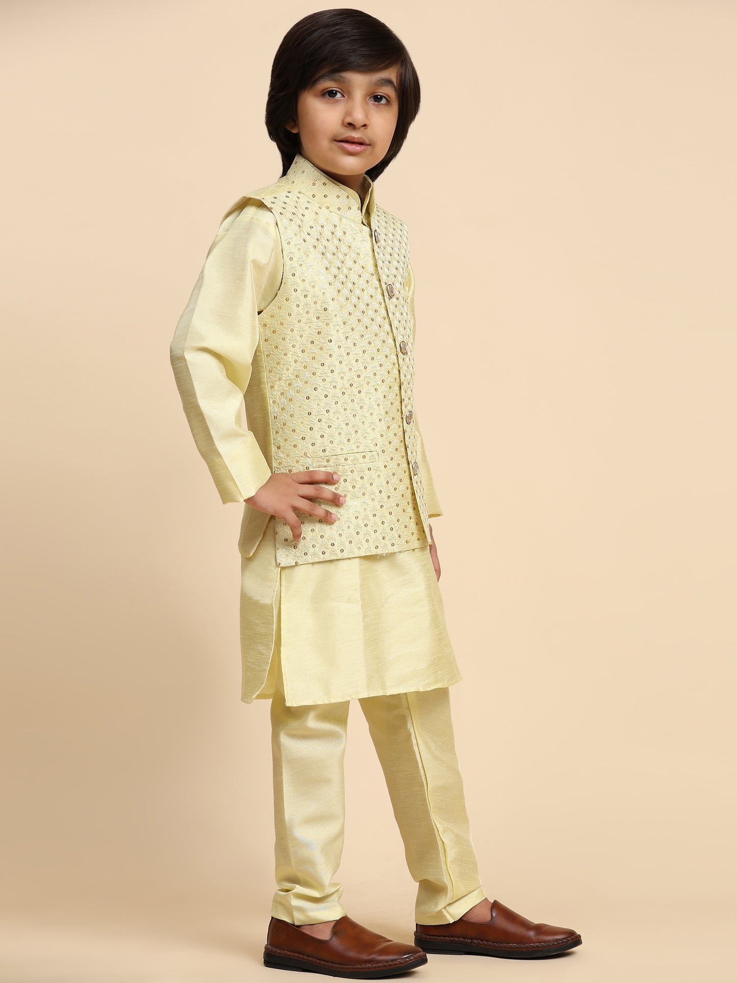 Pro-Ethic Style Developer Boys Silk Kurta Pajama with Waistcoat Pajama for Kid's Ethnic Wear | Jacquard Silk Kurta Pajama (S-232) Yellow