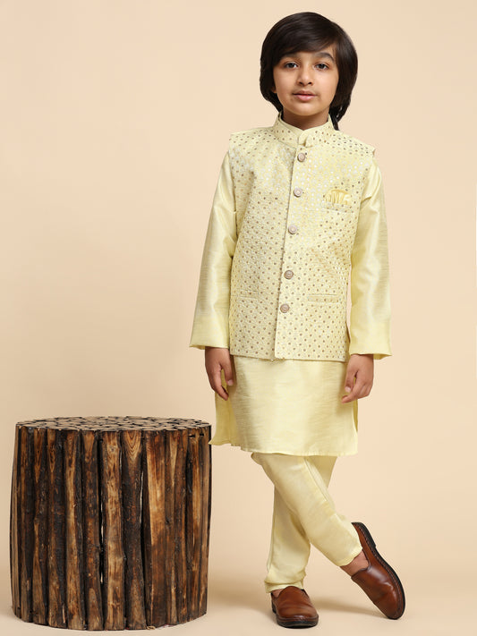 Pro-Ethic Style Developer Boys Silk Kurta Pajama with Waistcoat Pajama for Kid's Ethnic Wear | Jacquard Silk Kurta Pajama (S-232) Yellow