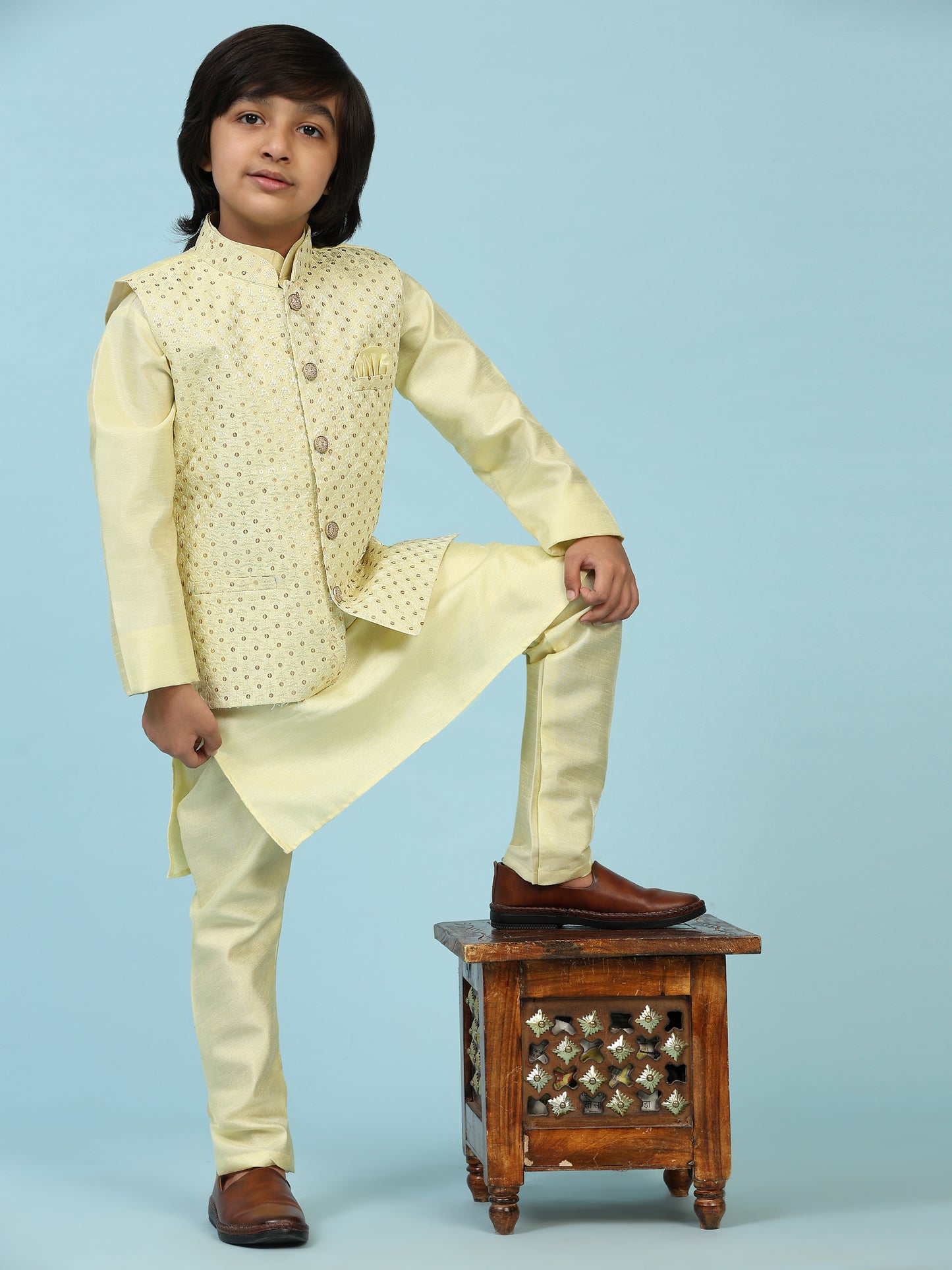 Pro-Ethic Style Developer Boys Silk Kurta Pajama with Waistcoat Pajama for Kid's Ethnic Wear | Jacquard Silk Kurta Pajama (S-232) Yellow