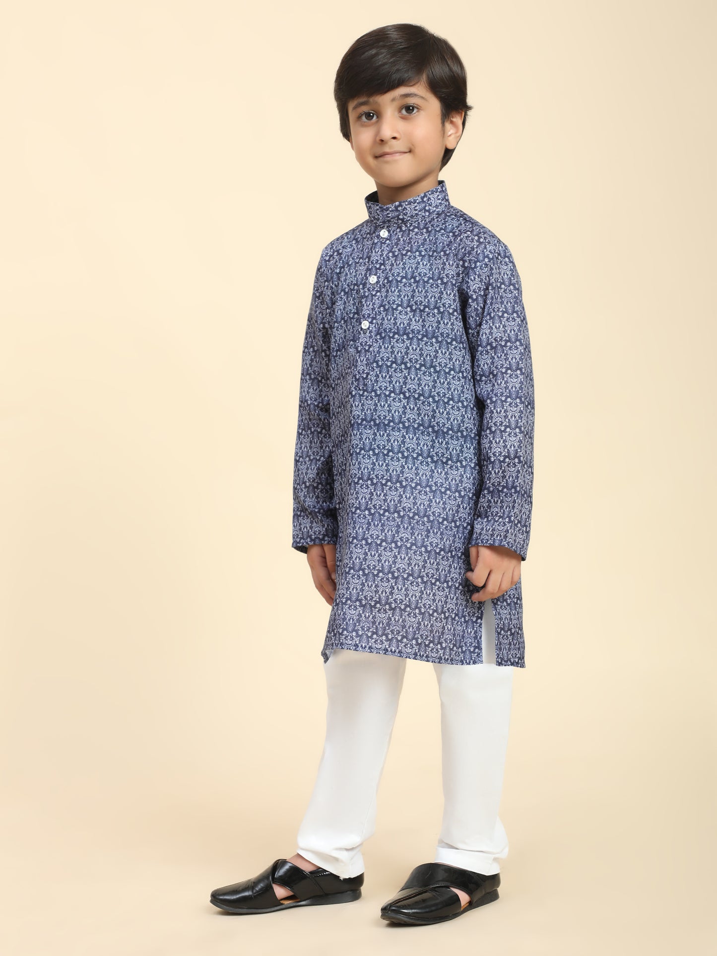 Pro-Ethic Style Developer Boys Cotton Kurta Pajama for Kid's Floral Traditiona Dress (Navy Blue)