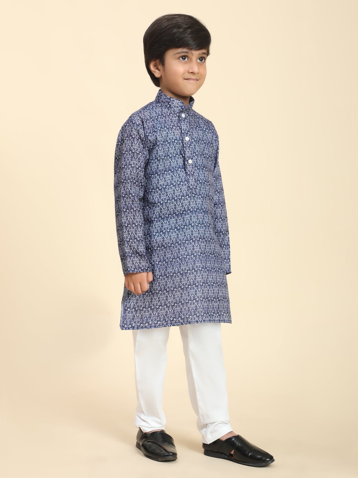 Pro-Ethic Style Developer Boys Cotton Kurta Pajama for Kid's Floral Traditiona Dress (Navy Blue)